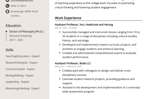 Resume for Assistant Professor